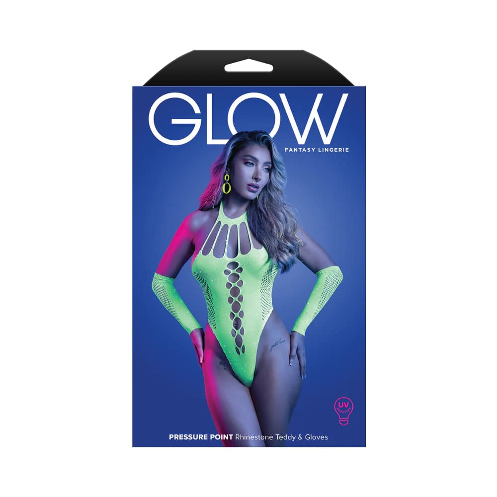 Fantasy Lingerie Glow Pressure Point UV Reactive Rhinestone Teddy & Gloves O/S