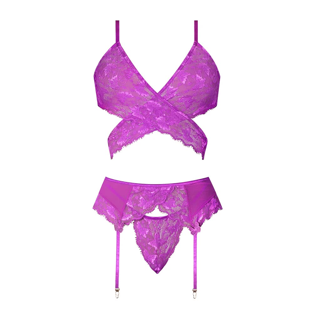 Magic Silk Butterfly Fantasies Bra, Garter & Thong Set Neon Purple Queen Size thumbnail 4