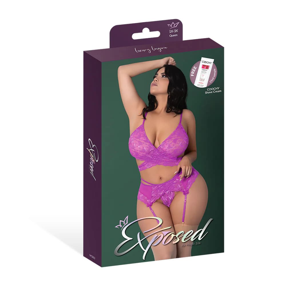 Magic Silk Butterfly Fantasies Bra, Garter & Thong Set Neon Purple Queen Size thumbnail 6