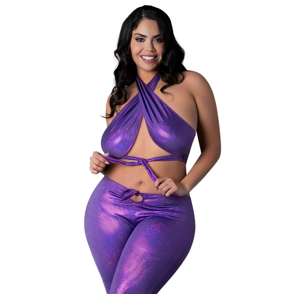 Magic Silk Glimmer Wrap Halter & Flair Pant Set Purple Disco Queen Size thumbnail 5
