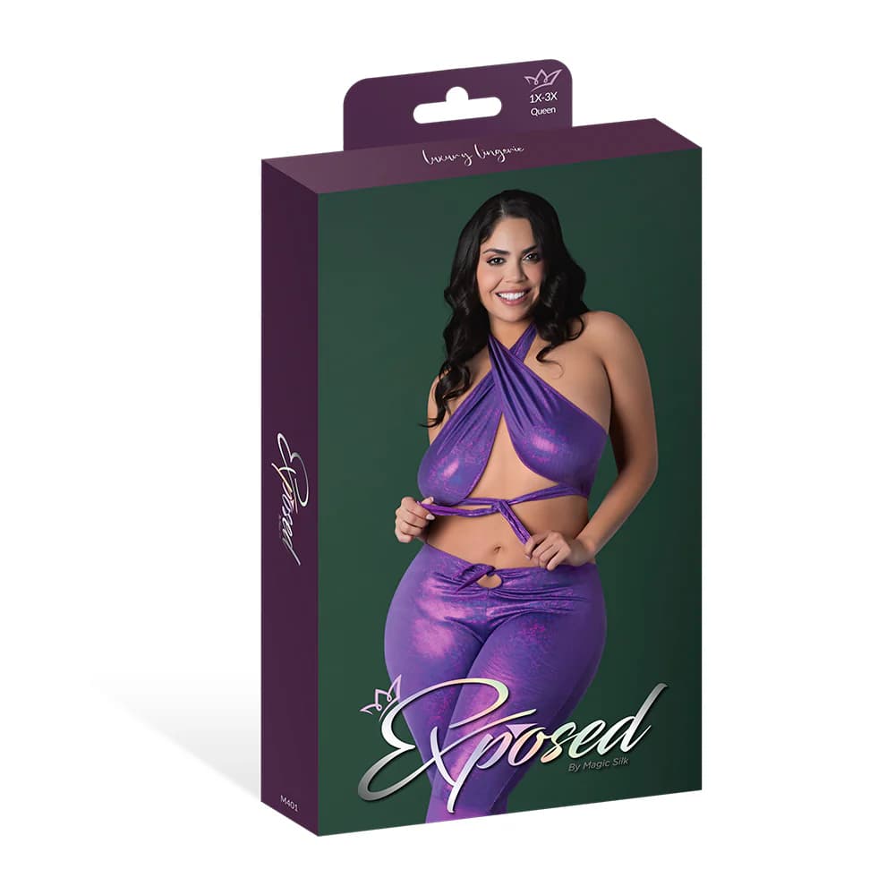 Magic Silk Glimmer Wrap Halter & Flair Pant Set Purple Disco Queen Size thumbnail 9