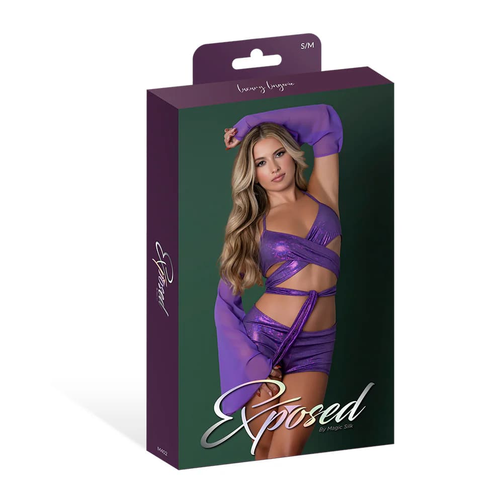 Magic Silk Glimmer Wrap Bralette, Booty Shorts & Sleeve Set Purple Disco S/M thumbnail 7