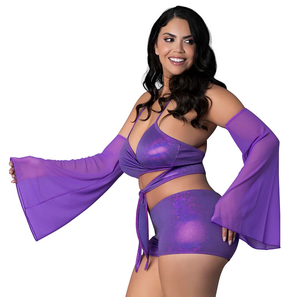 Magic Silk Glimmer Wrap Bralette, Booty Shorts & Sleeve Set Purple Disco Queen Size thumbnail 2
