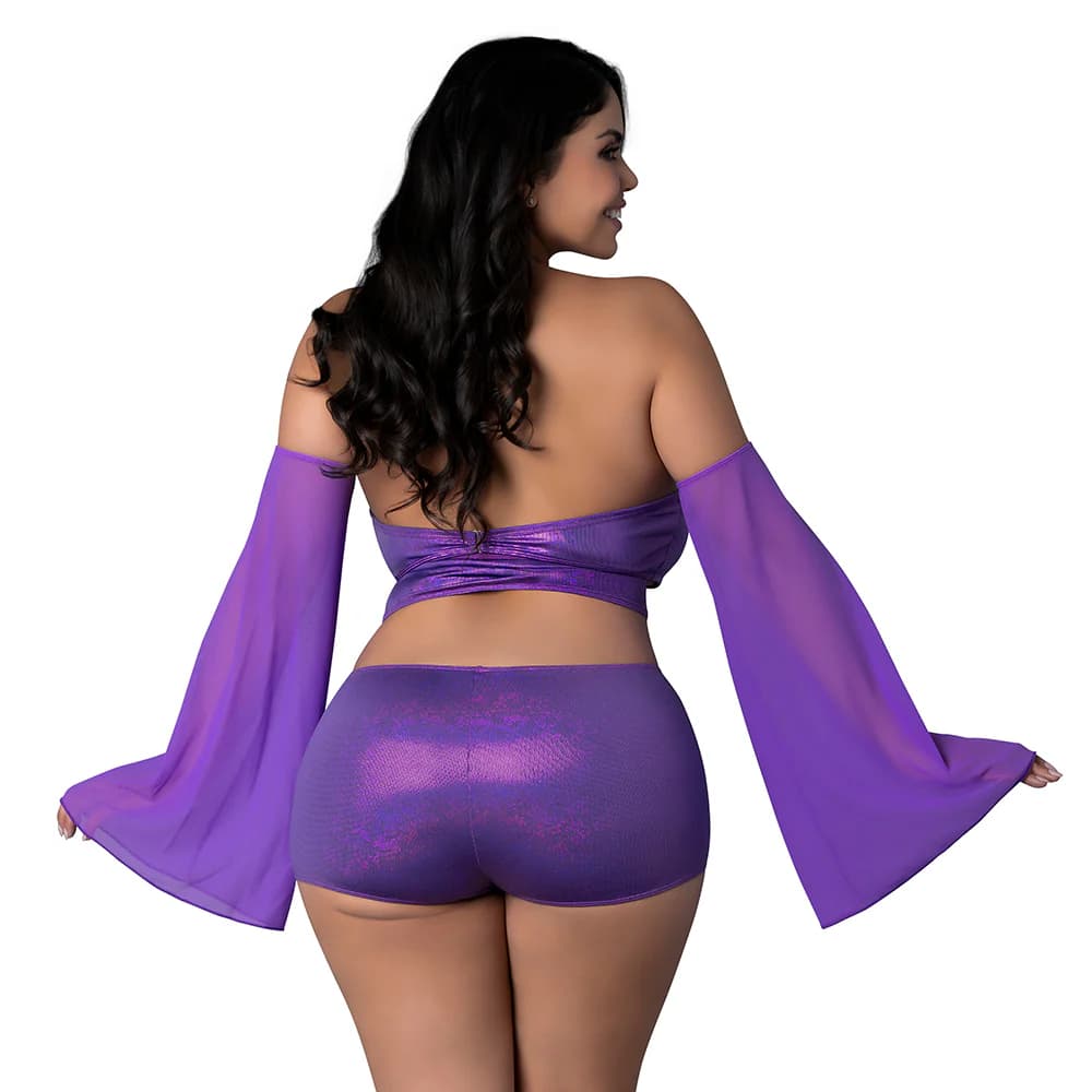 Magic Silk Glimmer Wrap Bralette, Booty Shorts & Sleeve Set Purple Disco Queen Size thumbnail 3