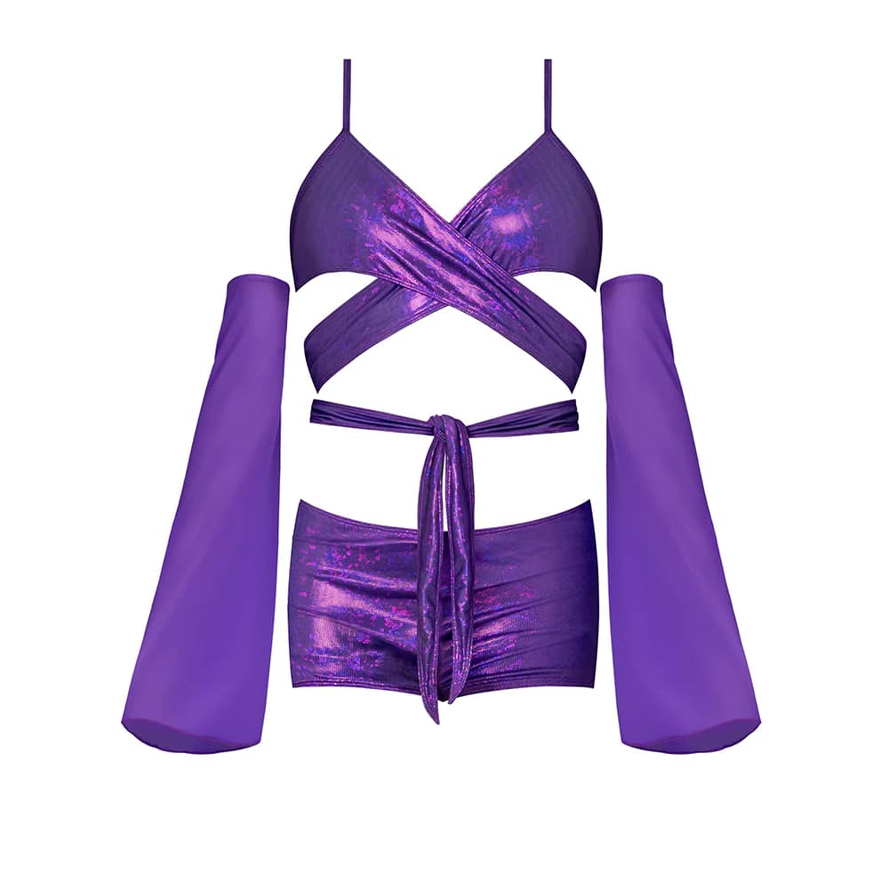 Magic Silk Glimmer Wrap Bralette, Booty Shorts & Sleeve Set Purple Disco Queen Size thumbnail 4