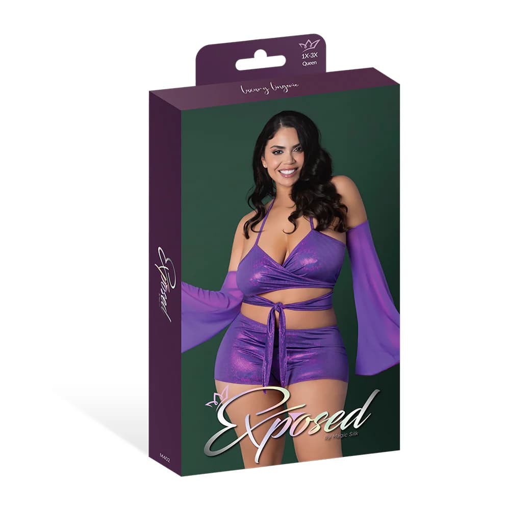 Magic Silk Glimmer Wrap Bralette, Booty Shorts & Sleeve Set Purple Disco Queen Size thumbnail 6