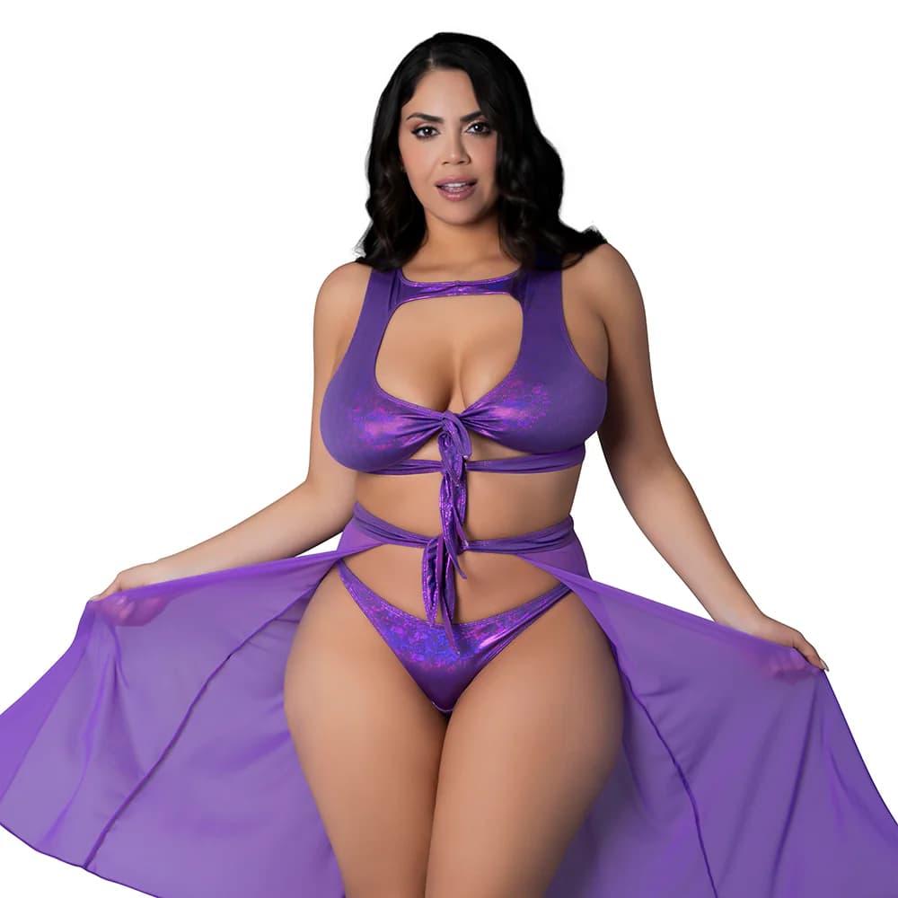Magic Silk Glimmer High Neck Crop Top, Flowy Skirt & Tanga Set Purple Disco Queen Size thumbnail 3