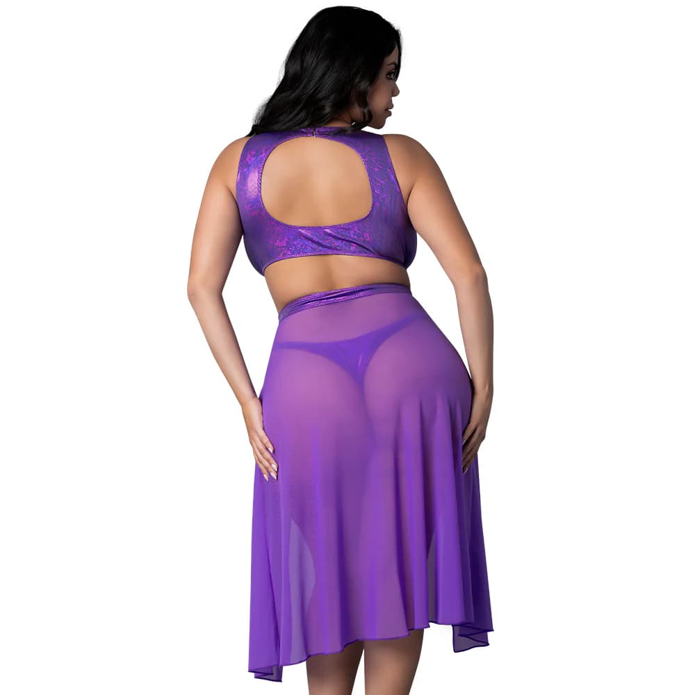 Magic Silk Glimmer High Neck Crop Top, Flowy Skirt & Tanga Set Purple Disco Queen Size thumbnail 4