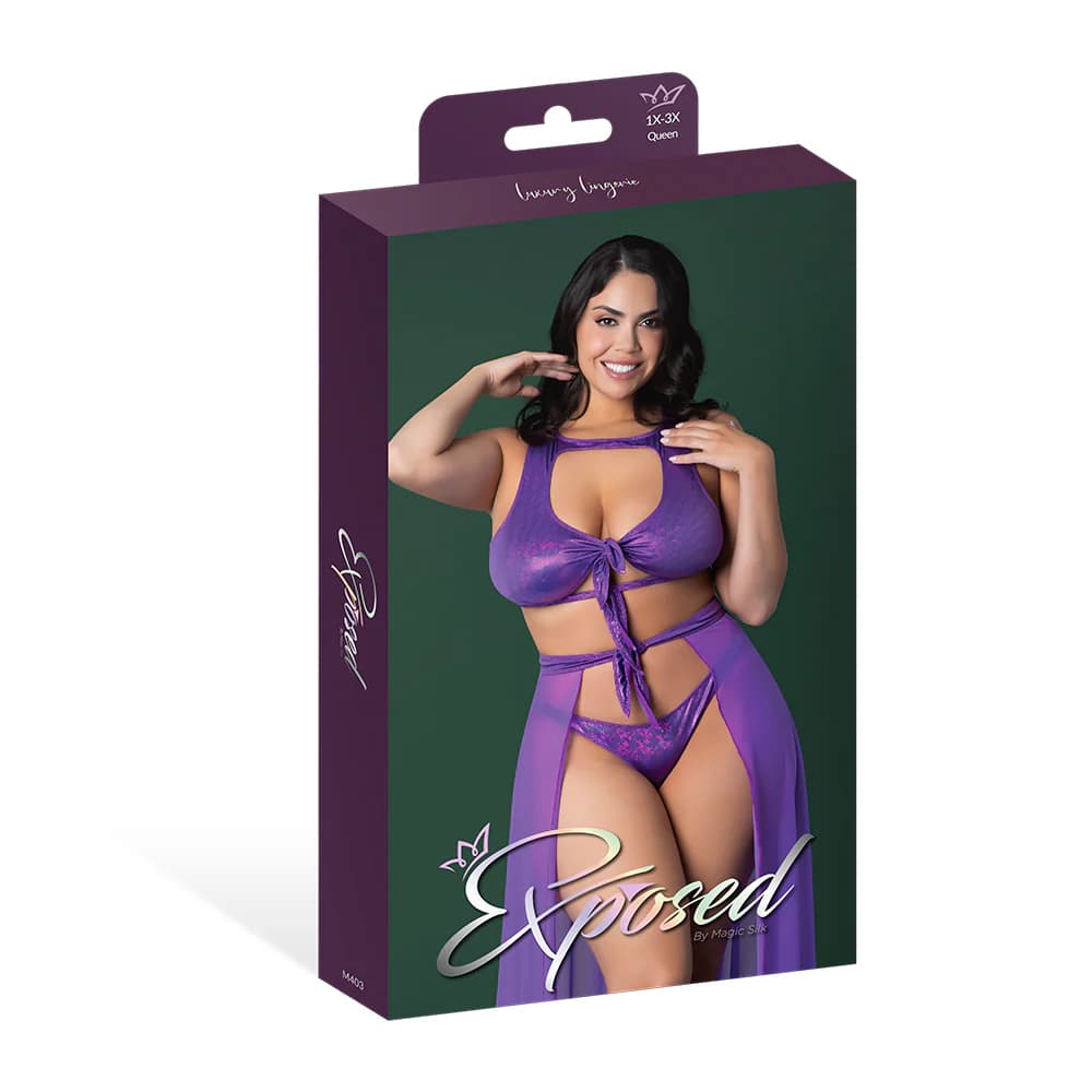 Magic Silk Glimmer High Neck Crop Top, Flowy Skirt & Tanga Set Purple Disco Queen Size thumbnail 5