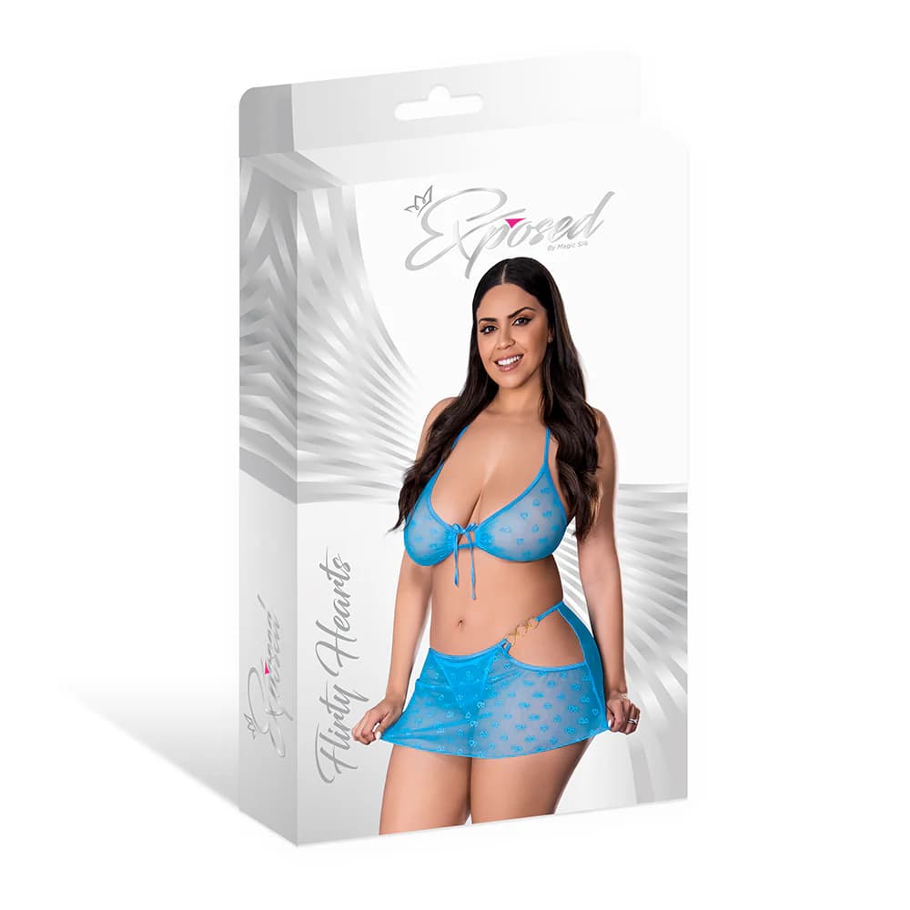 Magic Silk Flirty Hearts Halter Bra, Flutter Skirt & G-String Set Blue Sugar Queen Size thumbnail 4
