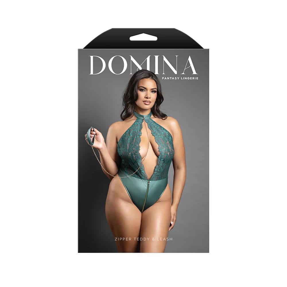 Fantasy Lingerie Domina Keyhole Halter Teddy with Detachable Chain-Link Leash Pine Green Queen Size