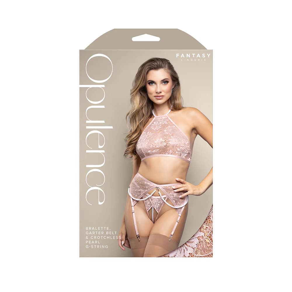 Fantasy Lingerie Opulence Pearl Halter Bralette, Garter Belt & Crotchless Pearl G-String Light Pink L/XL