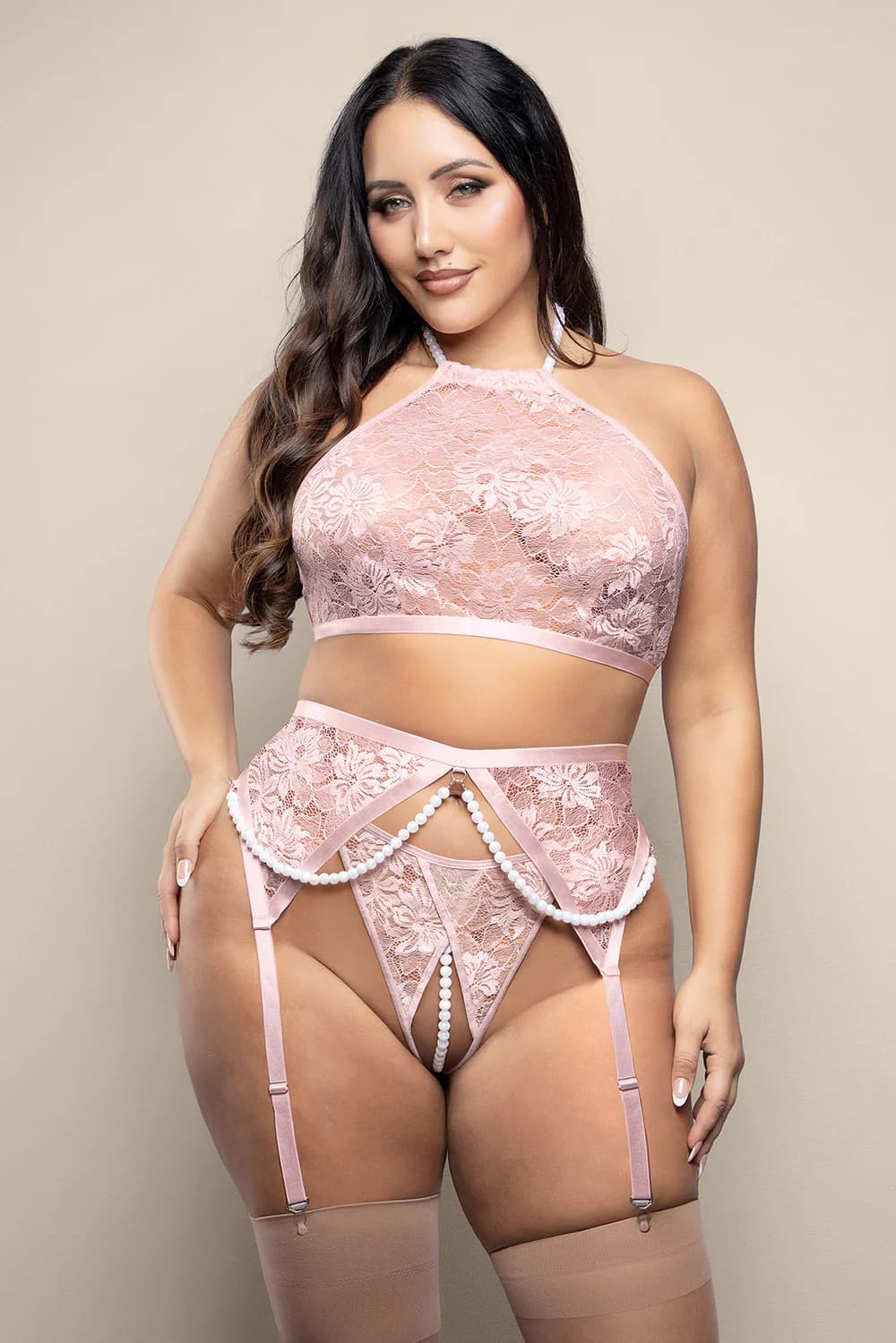 Fantasy Lingerie Opulence Pearl Halter Bralette, Garter Belt & Crotchless Pearl G-String Light Pink Queen Size thumbnail 2