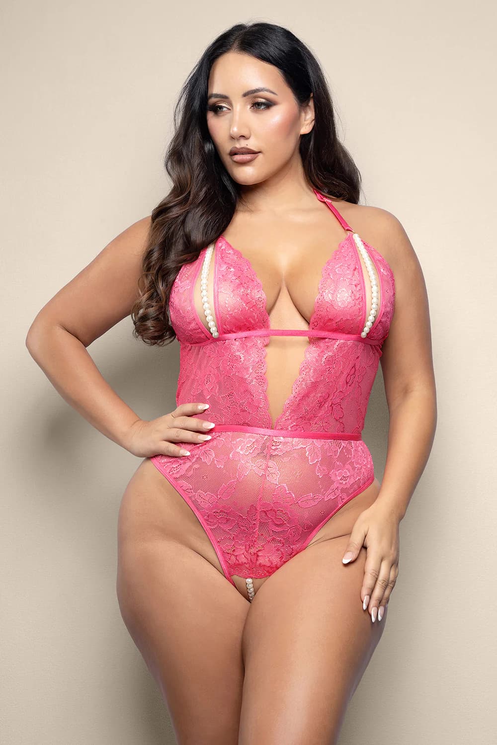 Fantasy Lingerie Opulence Split Pearl Cup Crotchless Teddy with Adjustable Pearl G-String Hot Pink Queen Size thumbnail 2