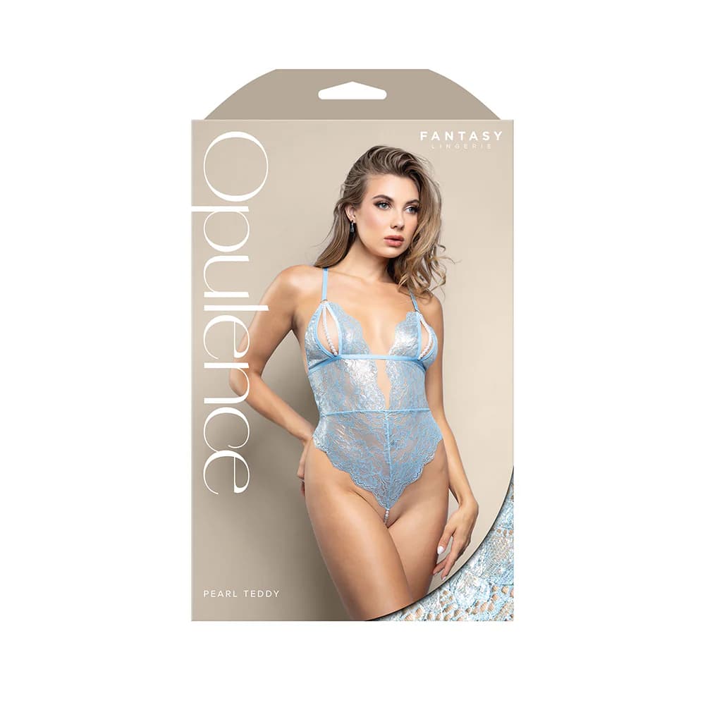 Fantasy Lingerie Opulence Split Pearl Cup Open-Back Teddy with Pearl String Crotch Light Blue S/M