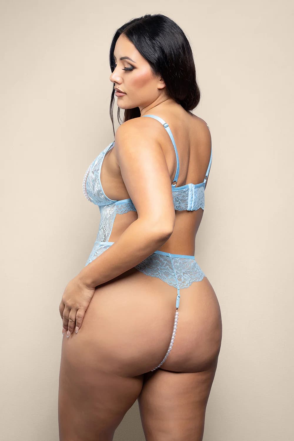 Fantasy Lingerie Opulence Split Pearl Cup Open-Back Teddy with Pearl String Crotch Light Blue Queen Size thumbnail 3