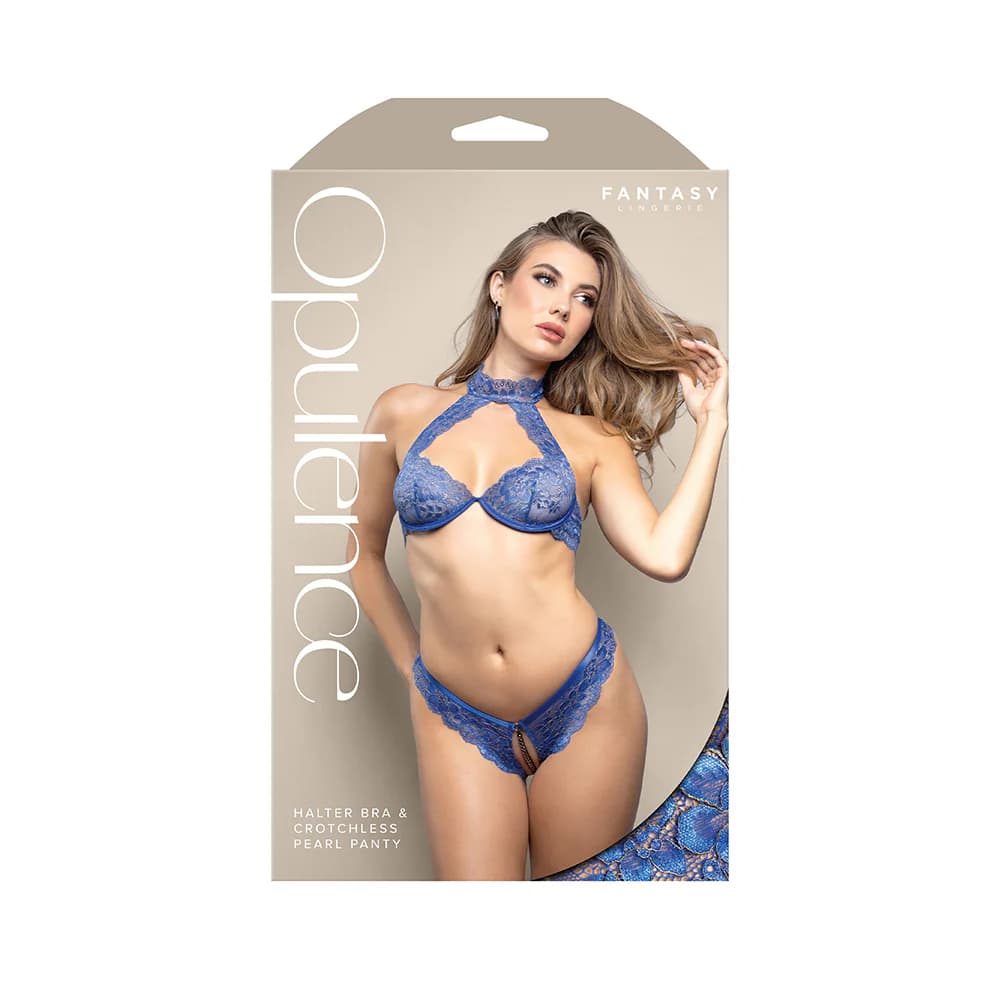 Fantasy Lingerie Opulence Pearl Back Strap Halter Bra & Adjustable Crotchless Pearl Panty Royal Blue M/L