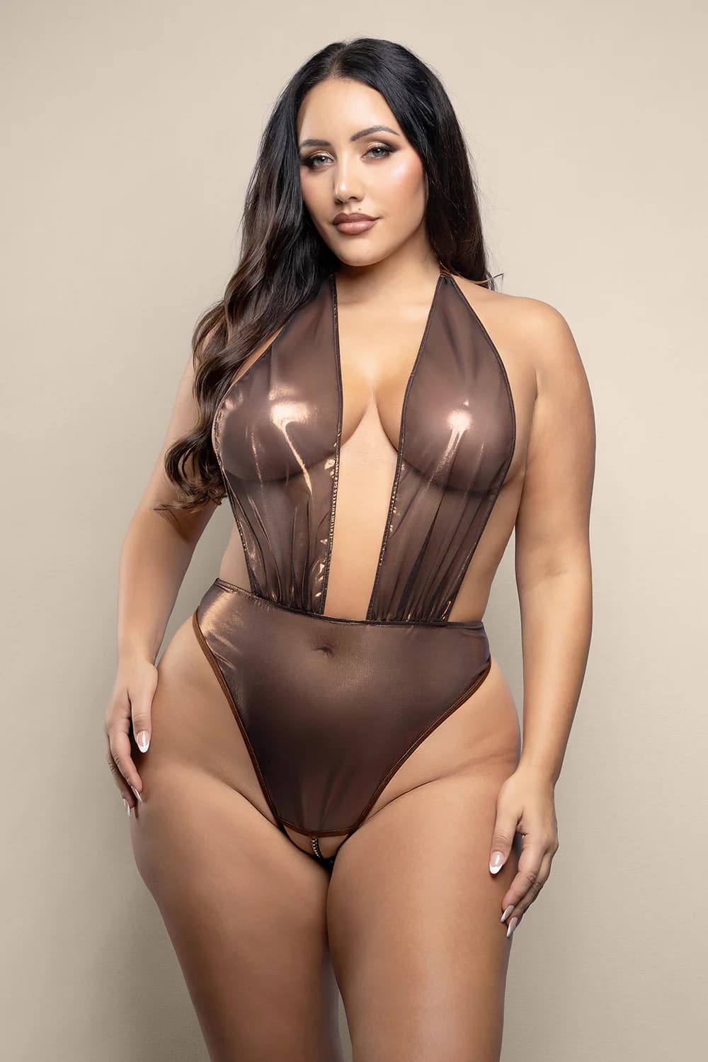 Fantasy Lingerie Opulence Crotchless Pearl Plunge Halter Teddy with Adjustable Pearl G-String Chocolate Queen Size thumbnail 2