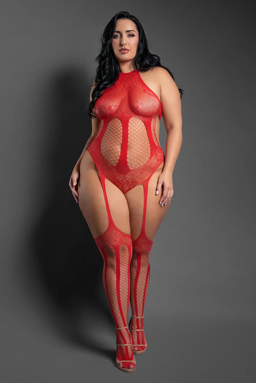 Fantasy Lingerie Sheer Stripped Down Halter Teddy Bodystocking with Cut-Out Back Red Queen Size thumbnail 2