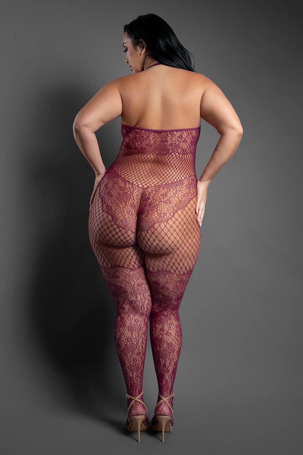 Fantasy Lingerie Sheer Our Moment Crotchless Halter Bodystocking Plum Queen Size thumbnail 3