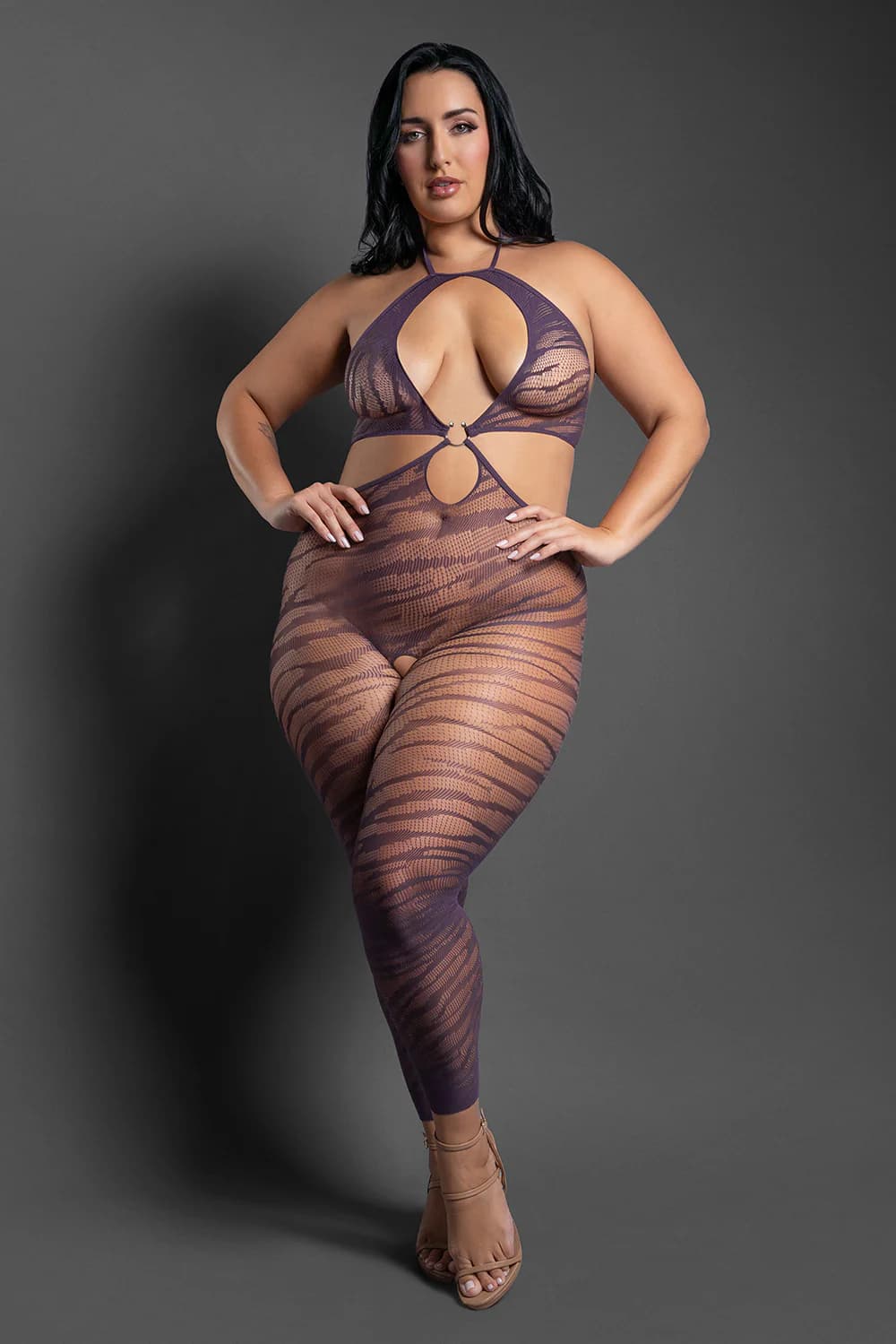 Fantasy Lingerie Sheer Set Me Free Footless Open-Crotch Halter Bodystocking Dark Purple Queen Size thumbnail 2
