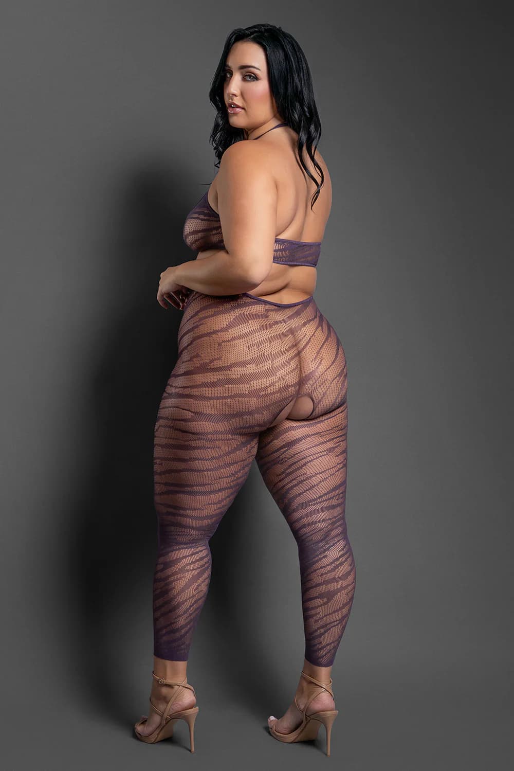 Fantasy Lingerie Sheer Set Me Free Footless Open-Crotch Halter Bodystocking Dark Purple Queen Size thumbnail 3