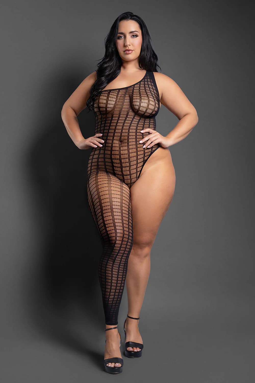 Fantasy Lingerie Sheer Killin' It Asymmetrical Footless Bodystocking Black Queen Size thumbnail 2