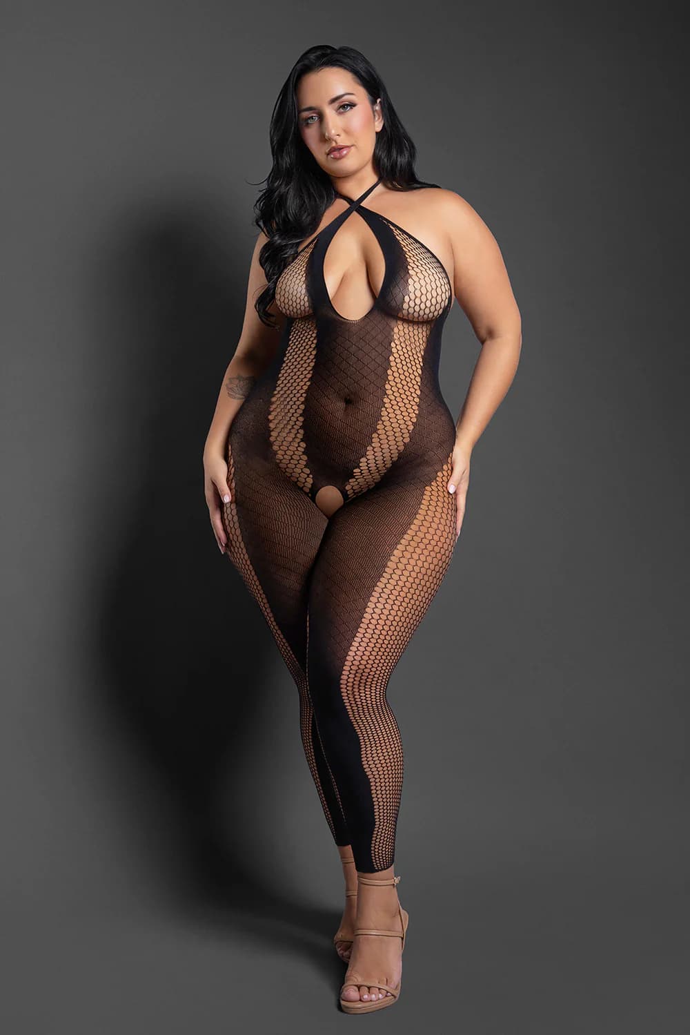 Fantasy Lingerie Sheer Make Your Move Footless Open-Crotch Halter Bodystocking Black Queen Size thumbnail 2