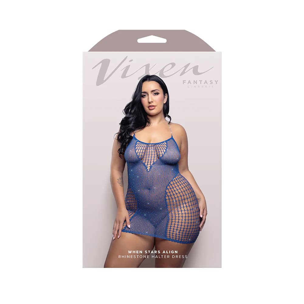 Fantasy Lingerie Vixen When Stars Align Rhinestone Halter Dress Blue Queen Size