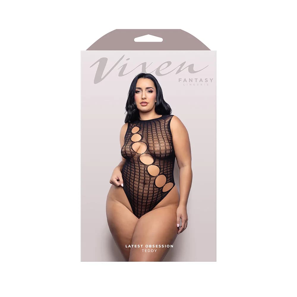 Fantasy Lingerie Vixen Latest Obsession Teddy with Diagonal Rhinestone Accent Cut-Outs Black Queen Size