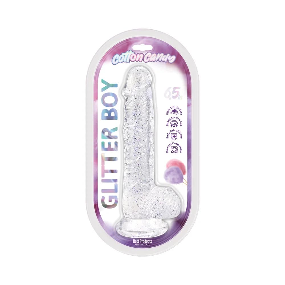 Cotton Candy Glitter Boy Jelly Glitter Dildo 6.5 in. Clear
