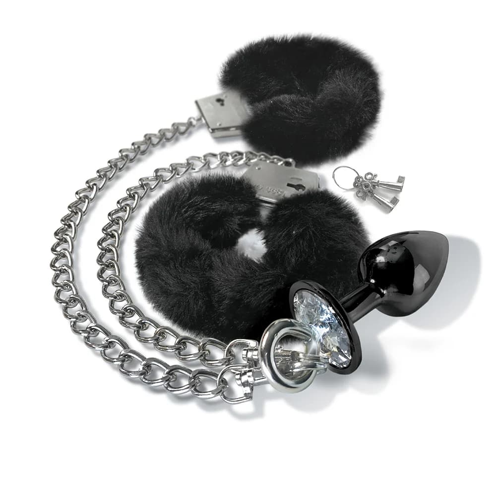NIXIE Metal Butt Plug & Furry Handcuff Set Medium Black thumbnail 3