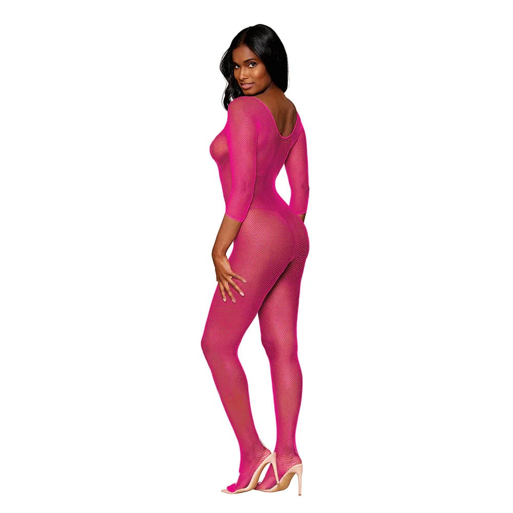 Dreamgirl Three-Quarter Sleeve Fishnet Bodystocking Open-Crotch Neon Pink O/S thumbnail 2