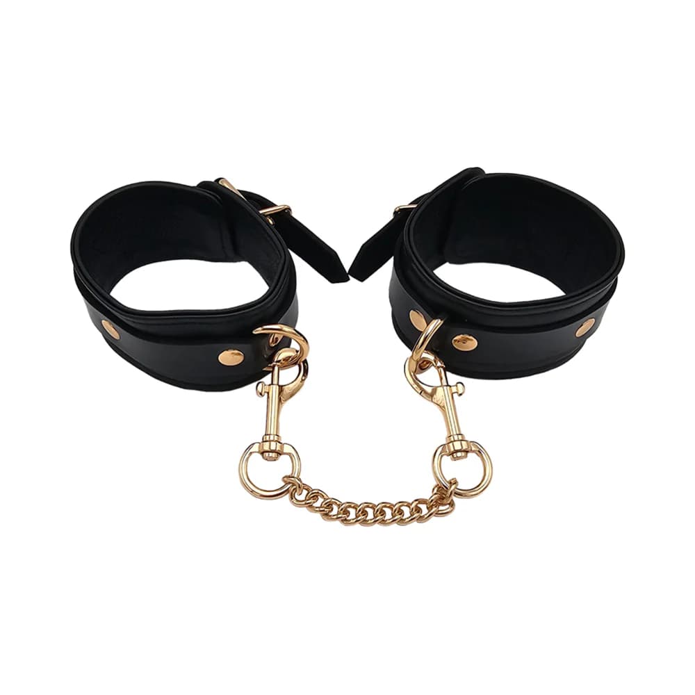 Rouge Leather Plain Ankle Cuffs Black with Gold Accessories thumbnail 2