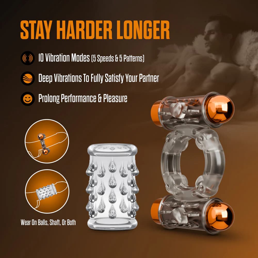 Stay Hard Vibrating Cock Ring Set with Sleeve and 2 Bullets thumbnail 9