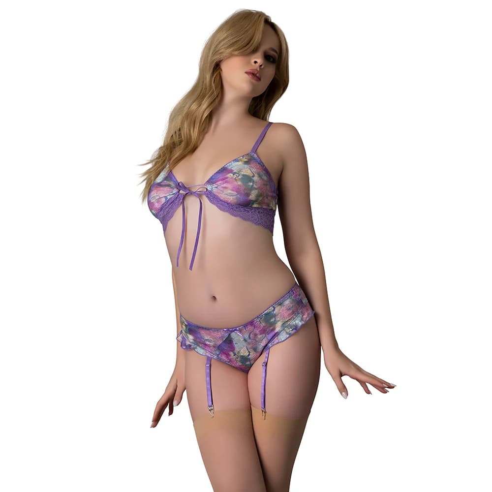 Magic Silk Wisteria Mist Bralette & Panty with Removable Garters Floral S/M thumbnail 3