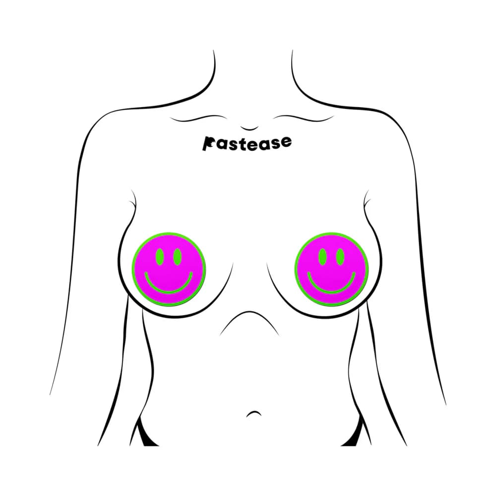 Pastease Neon Green Glow-in-the-Dark Pink Smiley Face Breast Pasties thumbnail 2
