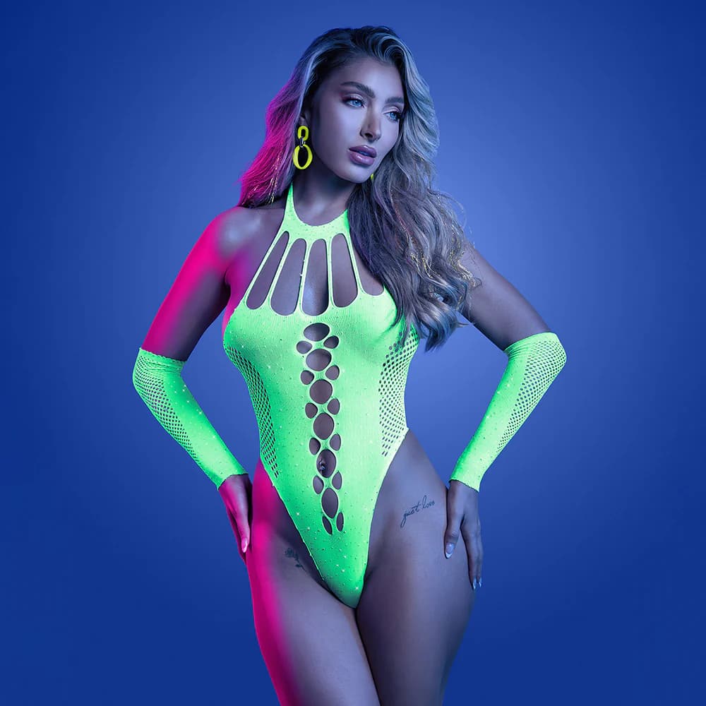 Fantasy Lingerie Glow Pressure Point UV Rhinestone Knit Teddy & Matching Gloves O/S thumbnail 2