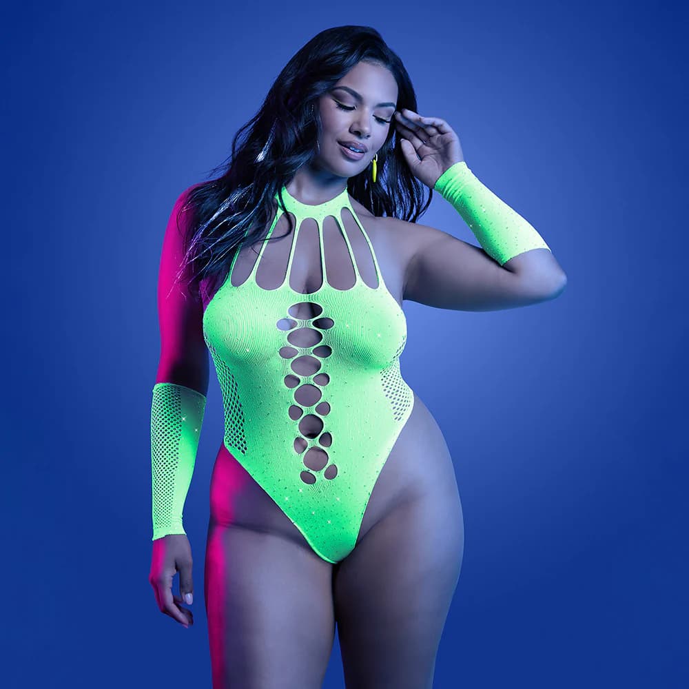 Fantasy Lingerie Glow Pressure Point UV Rhinestone Knit Teddy & Matching Gloves Queen Size thumbnail 2